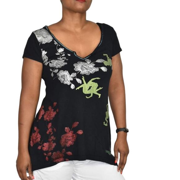 Desigual Cirque du Soleil Tee Black Foil Metallic Sharkbite T Shirt Size Small - Picture 9 of 15